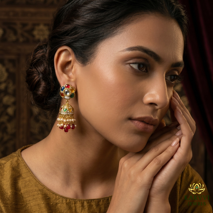 18kt Gold Navratan Polki Jhumki