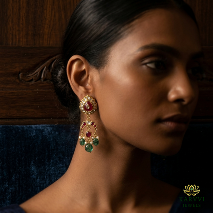 Exquisite 18kt Gold Earrings with Red and Green Gemstones