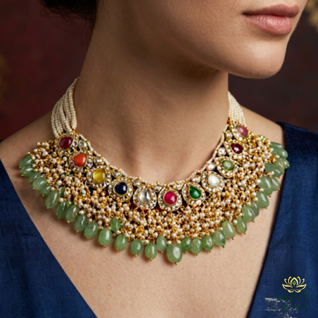 Navratan Raindrop Choker - Celestial Elegance in 18k Gold