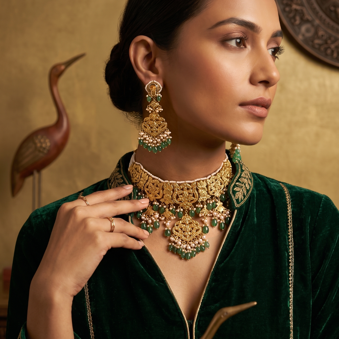 18k Gold Polki Choke Set with Matching Earrings