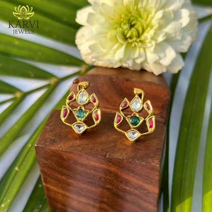 Gold Studs: 18K Gold Polki Earrings with Gemstones