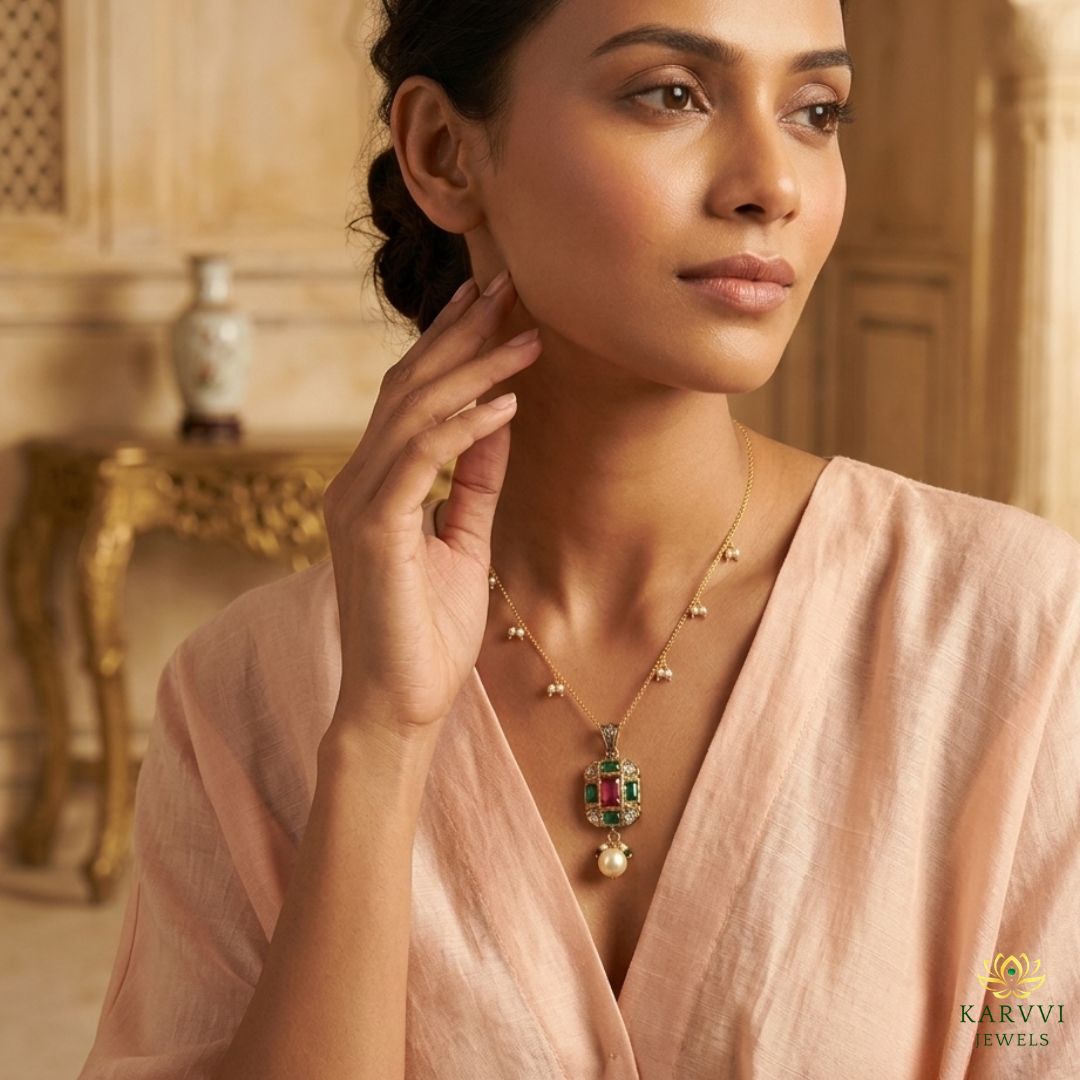 18kt Gold Natural Gemstone & Pearl Pendant Chain by KARVVI JEWELS