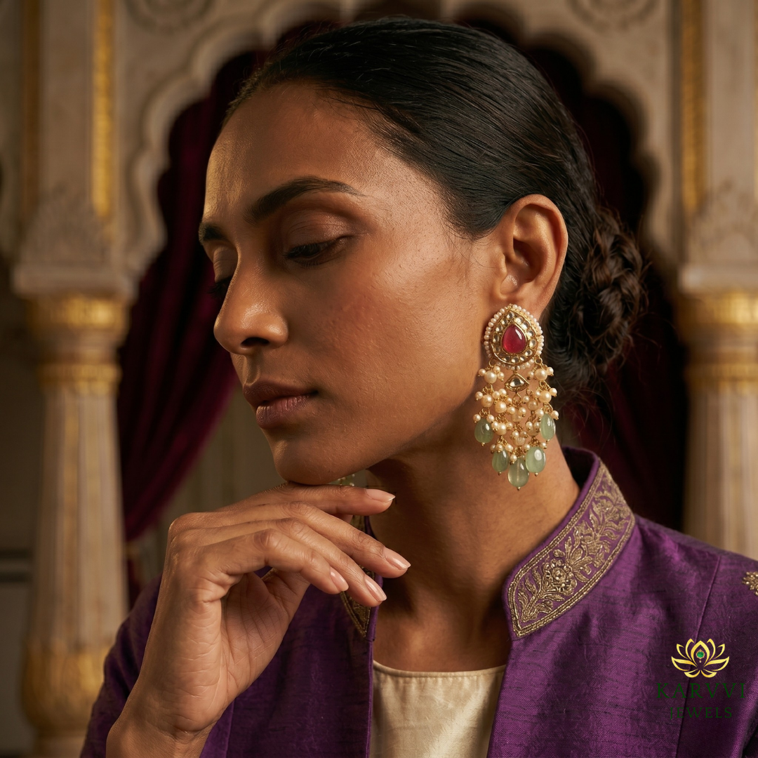 Luxurious Elegance: 18k Gold Polki Earrings with Pearls and Gems