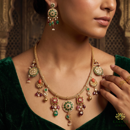18kt Gold Polki & Natural Gemstone Necklace Set by KARVVI JEWELS