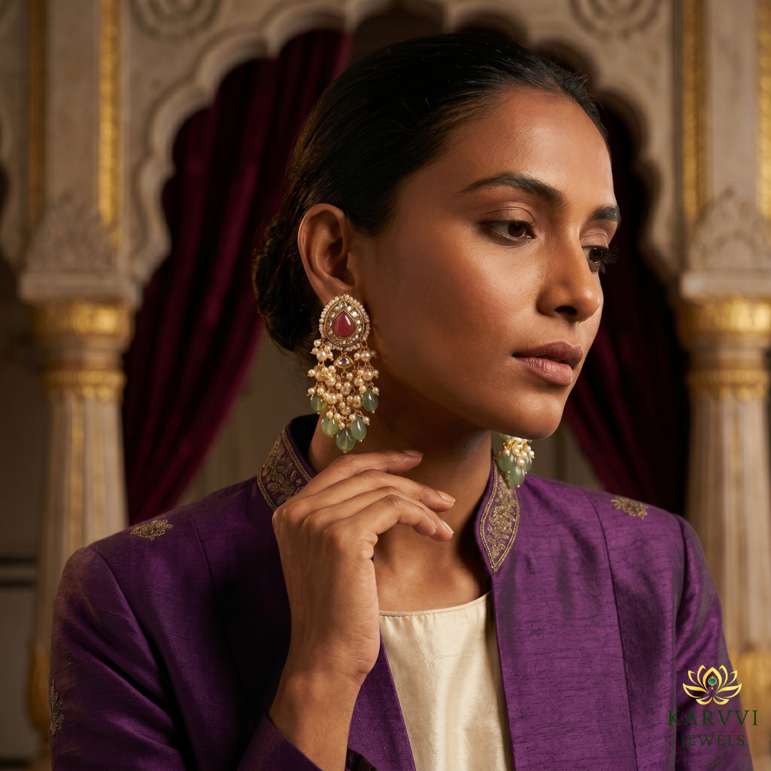Luxurious Elegance: 18k Gold Polki Earrings with Pearls and Gems
