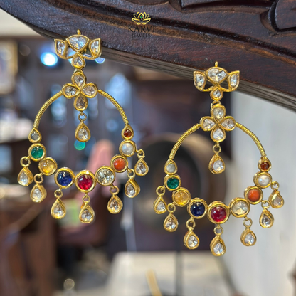 Ornate 18kt Gold Navratna Chandbali Earrings