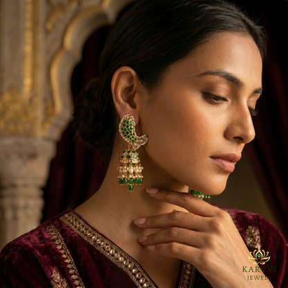 18k Gold Polki Earrings with Fish and Jhumka Design - A Blend of Tradition and Modernity