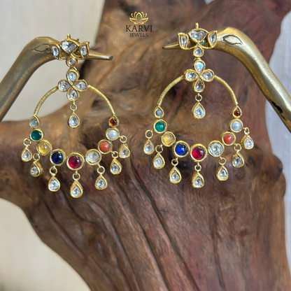 Ornate 18kt Gold Navratna Chandbali Earrings