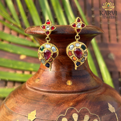 18k Gold Polki Earrings with Navratan Design - A Minimalist