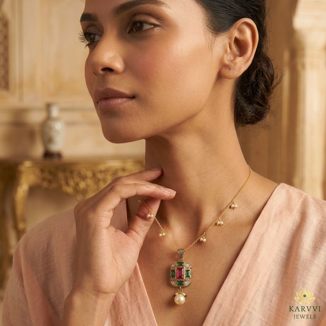 18kt Gold Natural Gemstone & Pearl Pendant Chain by KARVVI JEWELS