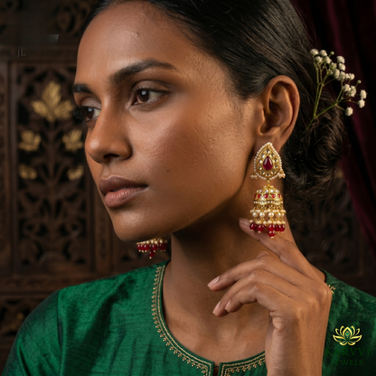 Elegant 18K Gold Ruby & Polki Jhumka Earrings