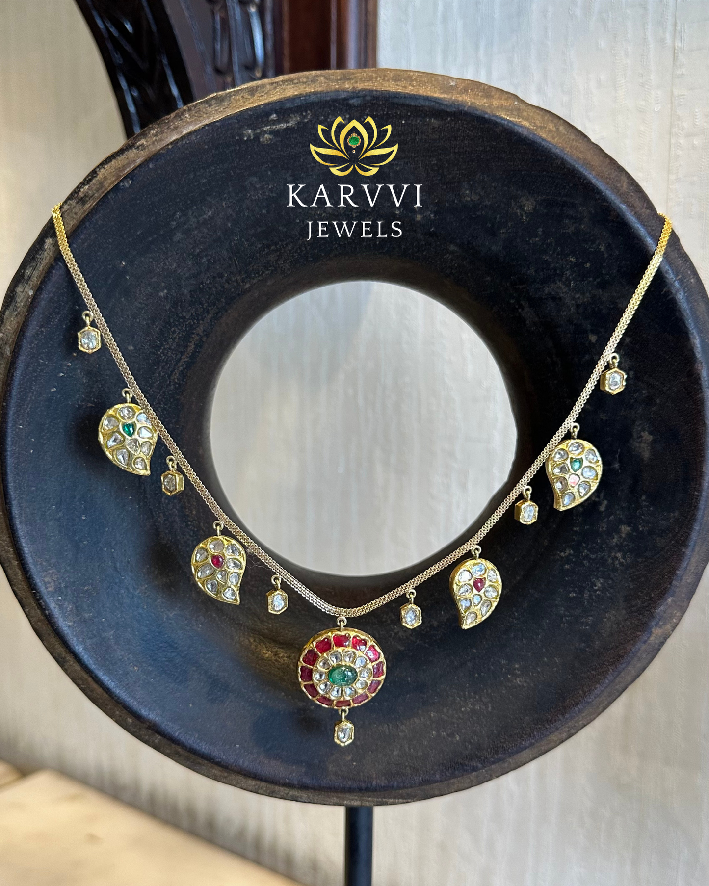 18kt Gold Polki & Natural Gemstone Necklace by KARVVI JEWELS