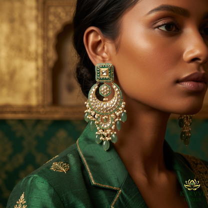 18kt Gold Polki & Emerald Chandbali Earrings