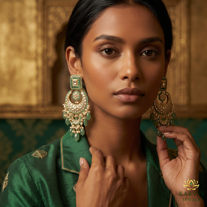 18kt Gold Polki & Emerald Chandbali Earrings