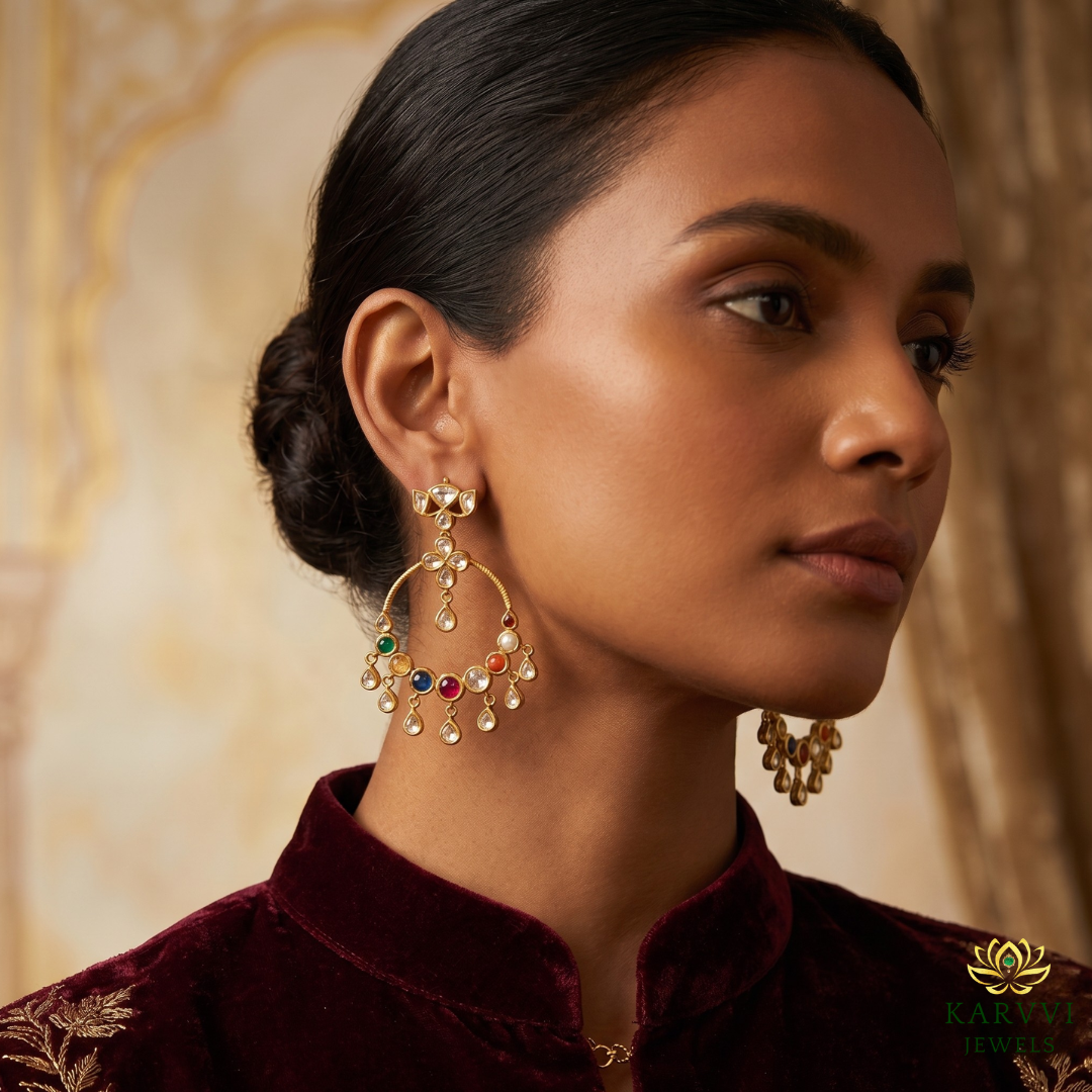 Ornate 18kt Gold Navratna Chandbali Earrings