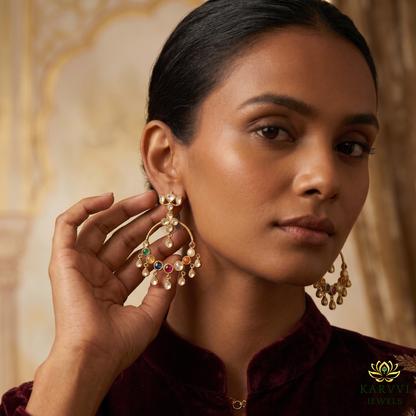 Ornate 18kt Gold Navratna Chandbali Earrings