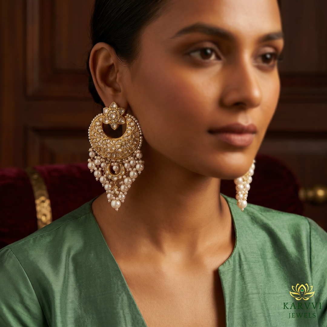 18kt Gold Polki Diamond and Pearl Chandbali Earrings