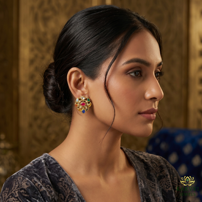 18Kt Gold Navratan Pokli Studs - Blend of Tradition and Elegance