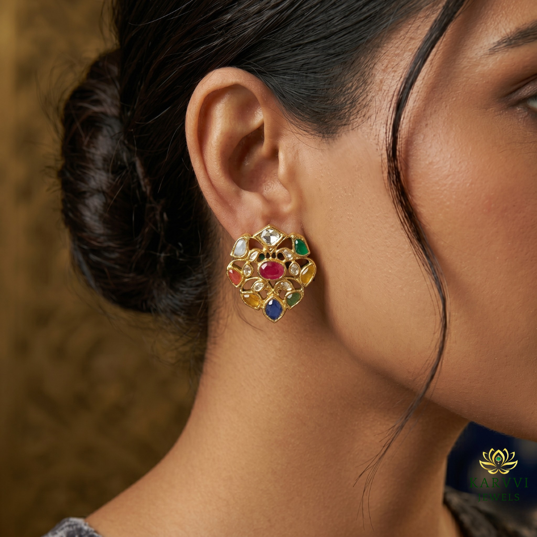 18Kt Gold Navratan Pokli Studs - Blend of Tradition and Elegance