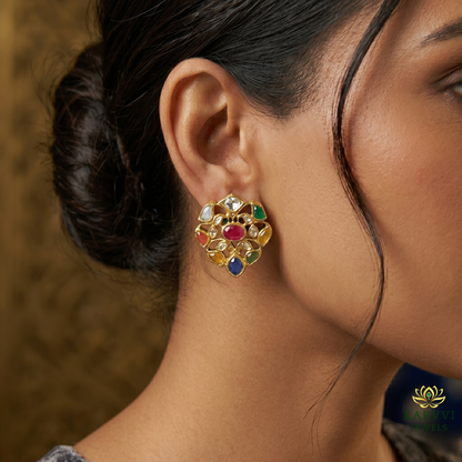 18Kt Gold Navratan Pokli Studs - Blend of Tradition and Elegance