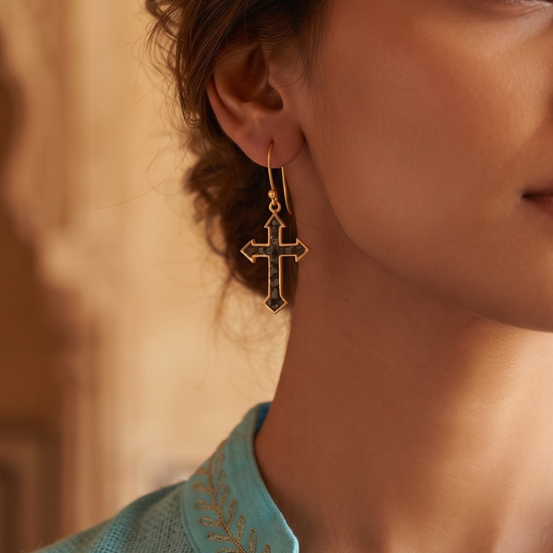 92.5 Silver Gold Plated Cross Earrings