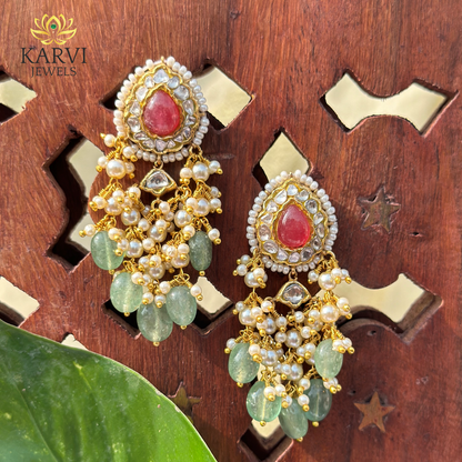 Luxurious Elegance: 18k Gold Polki Earrings with Pearls and Gems