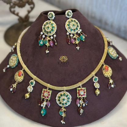 18kt Gold Polki Diamond Necklace with Natural Stones & Intricate Motifs