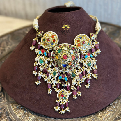 18kt Gold Navratan Polki Diamond Bridal Necklace