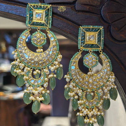 18kt Gold Polki & Emerald Chandbali Earrings