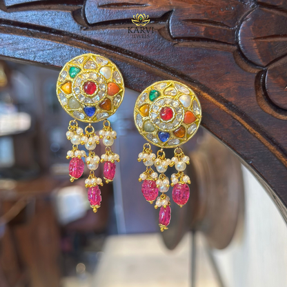 Vibrant 18kt Gold Navratn Earrings