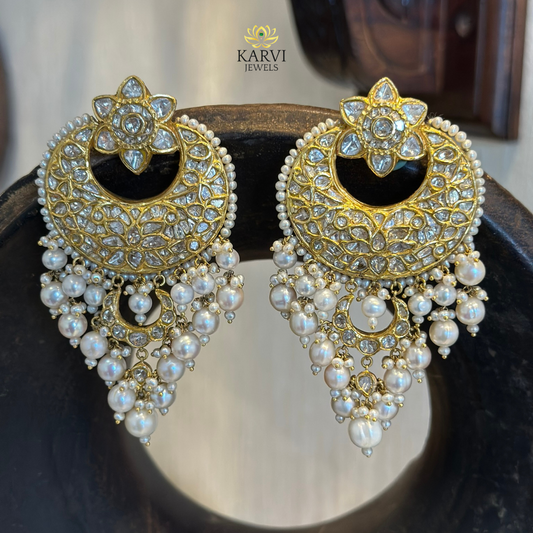 22kt Gold Polki Diamond and Pearl Chandbali Earrings
