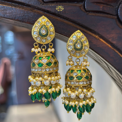 18kt Gold Emerald & Polki Jhumka Earrings