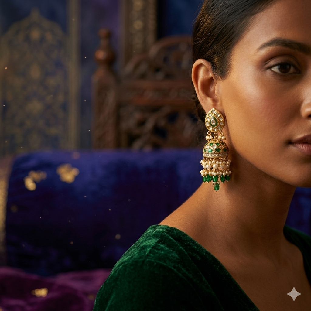 18kt Gold Emerald & Polki Jhumka Earrings