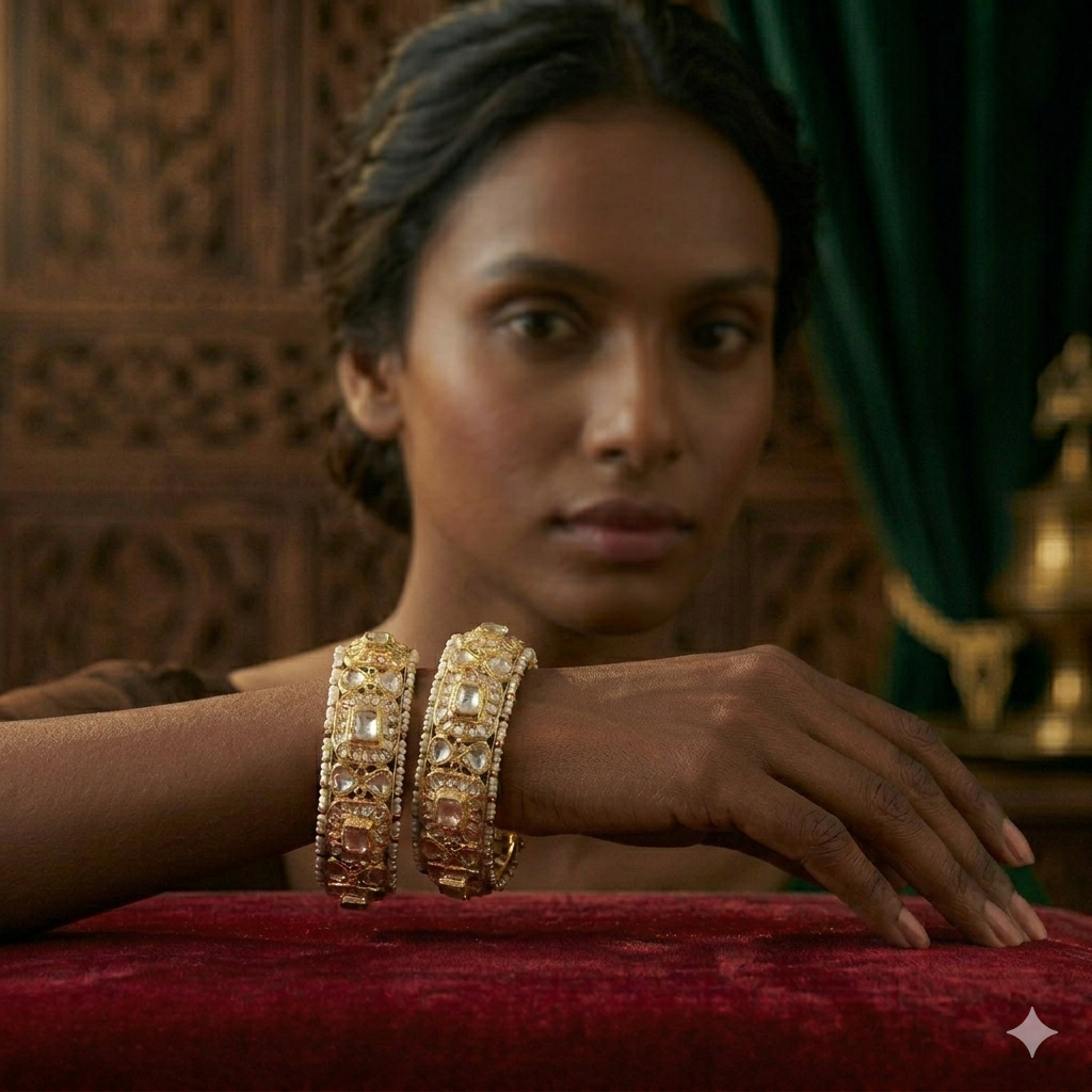 Gold Jadau Bangles with Emeralds and Pearls