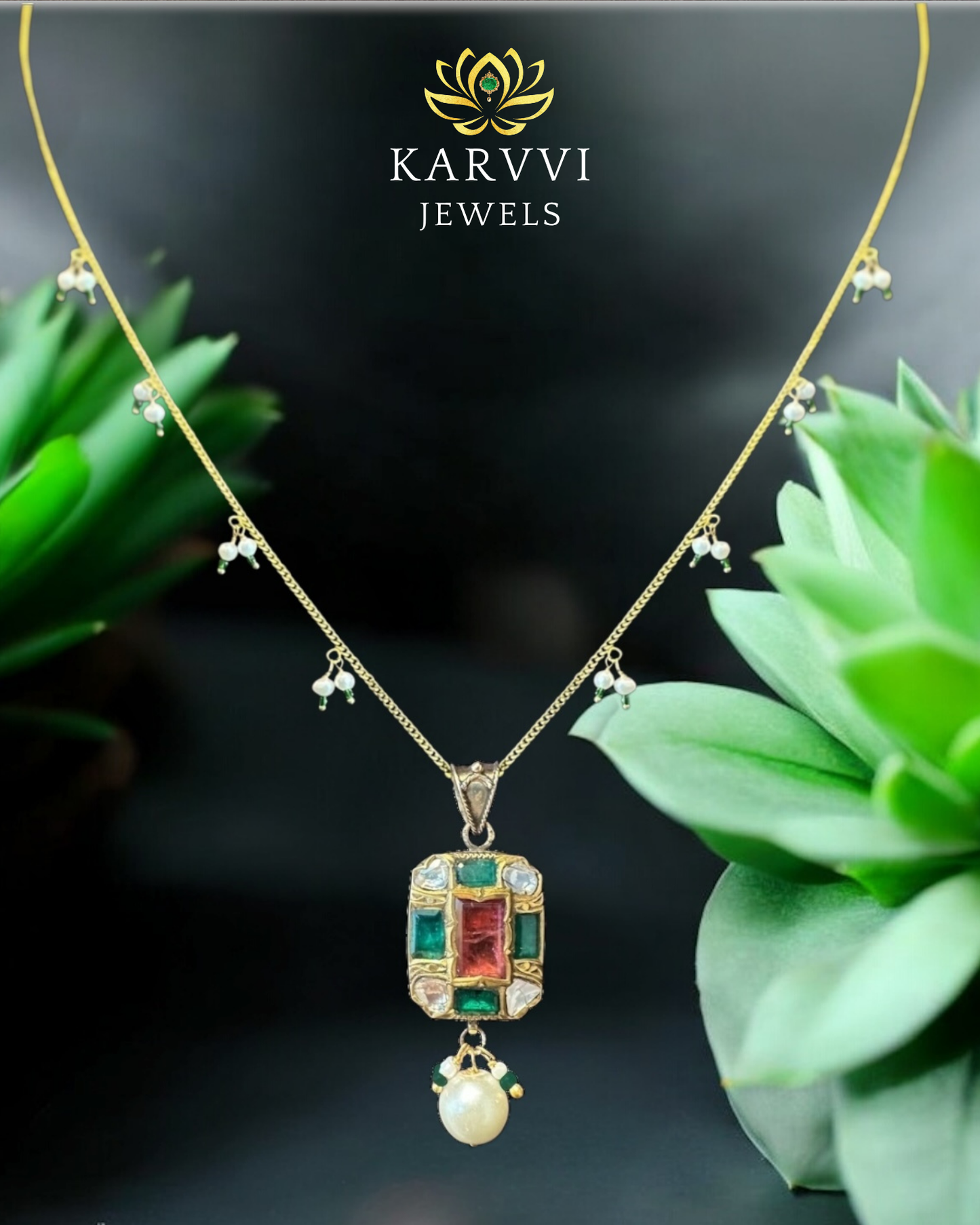 18kt Gold Natural Gemstone & Pearl Pendant Chain by KARVVI JEWELS