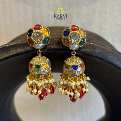 18kt Gold Navratan Polki Jhumki