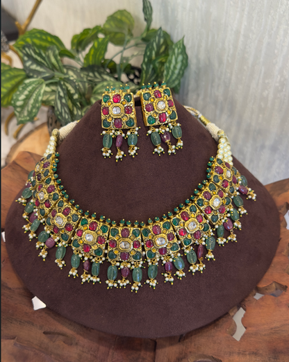 18K Gold Polki Necklace Set with Multicolour Gemstone