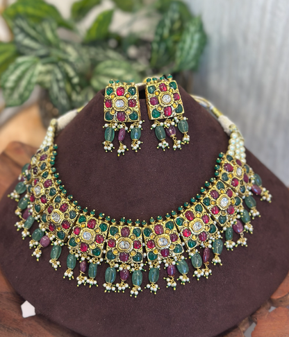 18K Gold Polki Necklace Set with Multicolour Gemstone