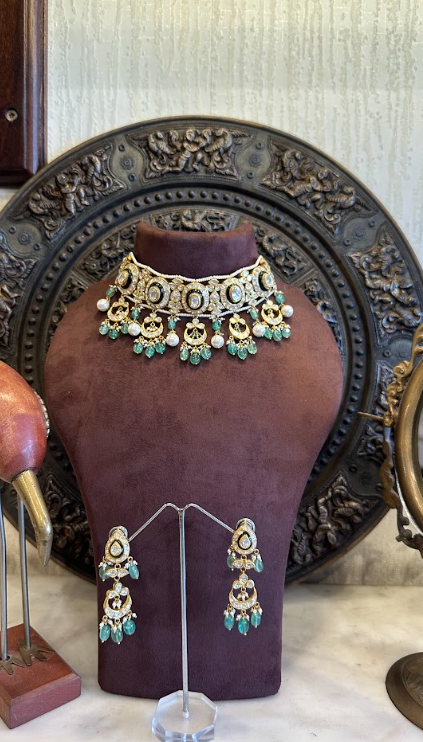 18K Gold Bridal Polki Choker with Statement Earrings
