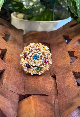 Navratan Floral Silver Ring