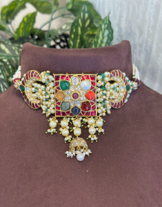 18K Gold Navratan Polki Choker Necklace