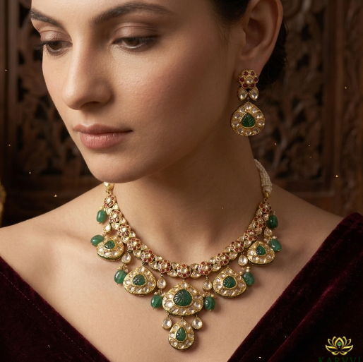 Royal Emerald Polki Necklace Set in 18K Gold