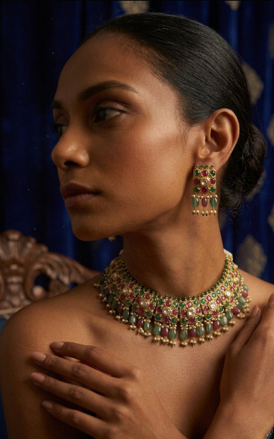 18K Gold Polki Necklace Set with Multicolour Gemstone