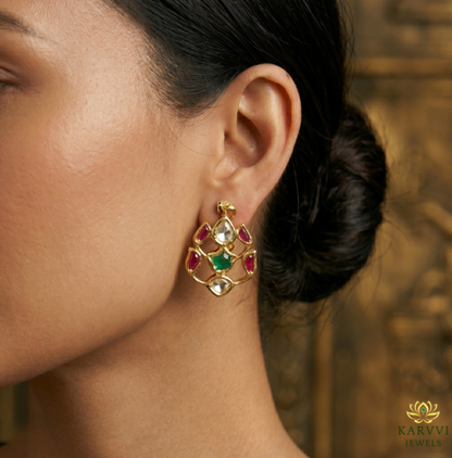Gold Studs: 18K Gold Polki Earrings with Gemstones