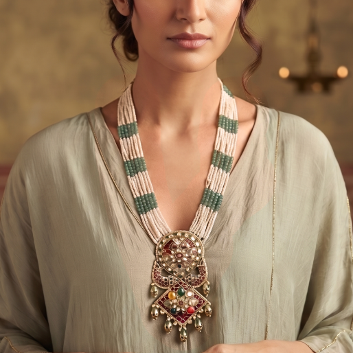 18K Gold Navratna Pendant Necklace