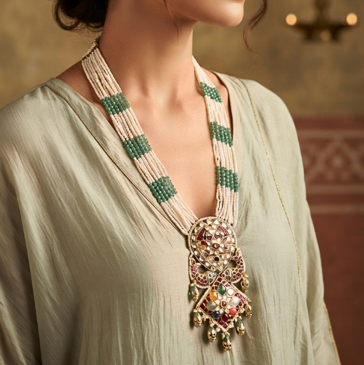 18K Gold Navratna Pendant Necklace