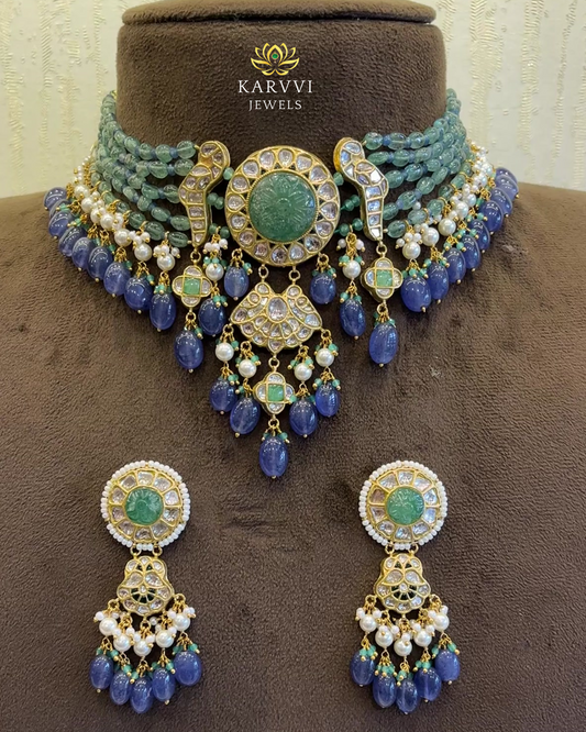 18kt Gold Polki, Carved Natural Gemstones Choker Necklace Set