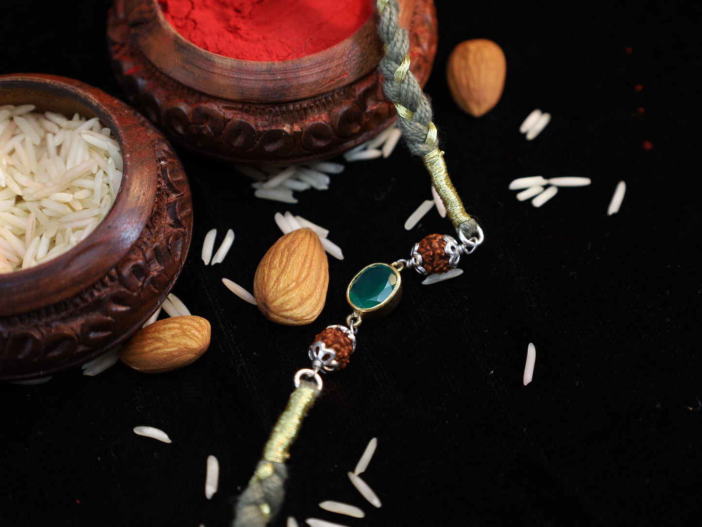92.5 Silver Green Onyx Real Rudraksha Rakhi