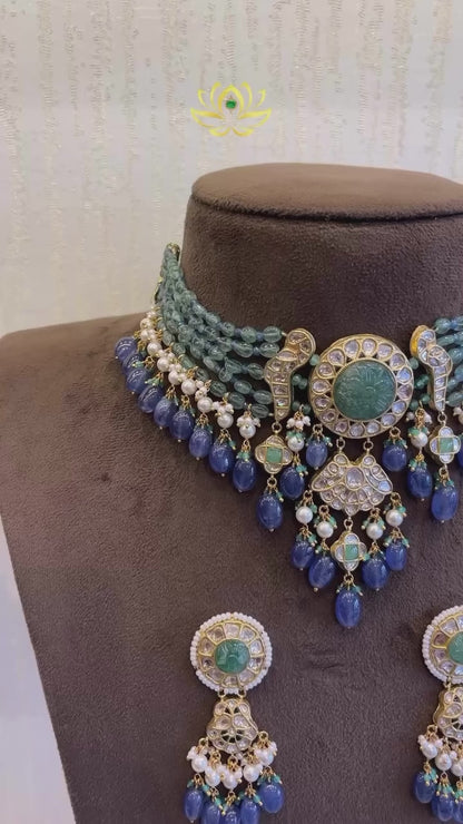 18kt Gold Polki, Carved Natural Gemstones Choker Necklace Set