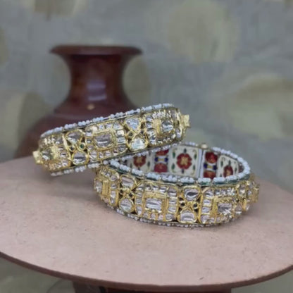 Gold Jadau Bangles with Emeralds and Pearls